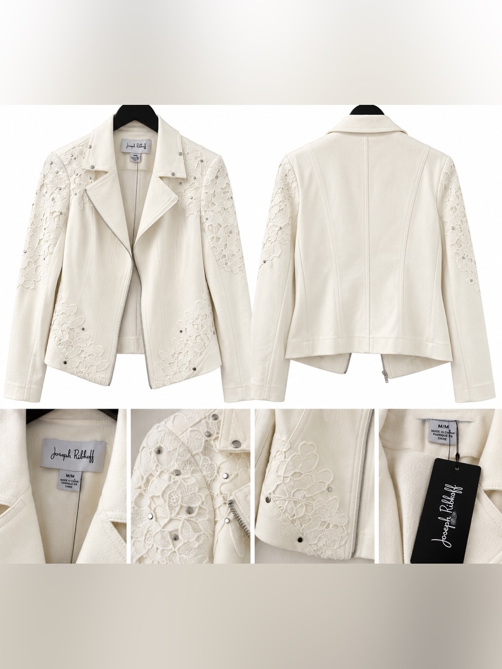 Joseph Ribkoff Ivory Studded Floral Appliqué Moto Jacket Medium NWT